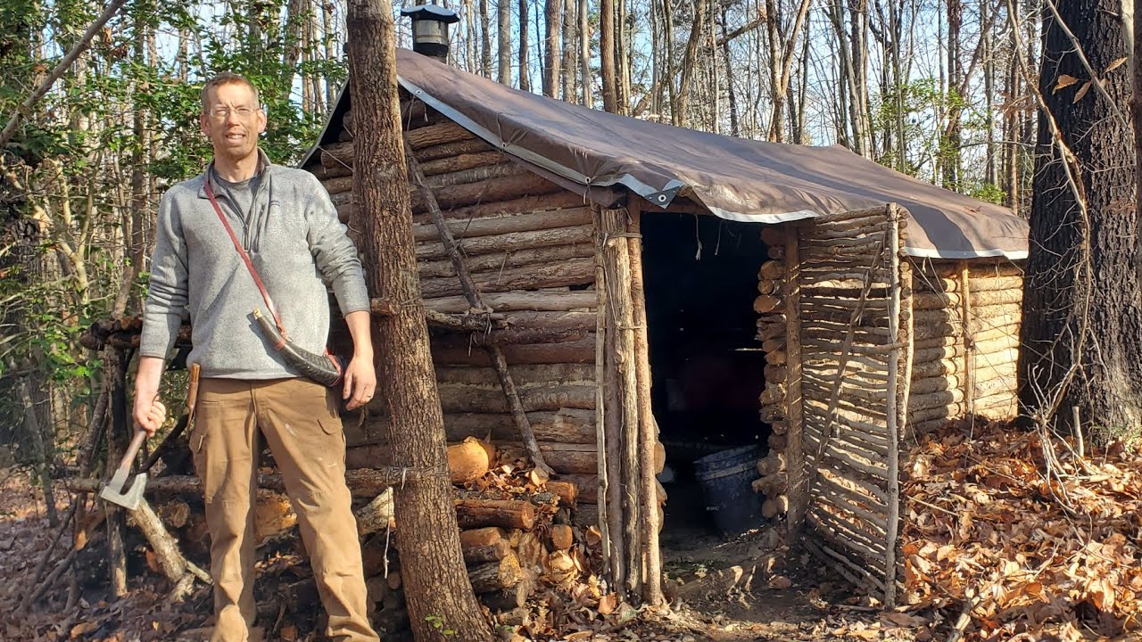 Camping in Log Cabin that I Built by Hand - Campfire Cooking & Bushcraft Projects img